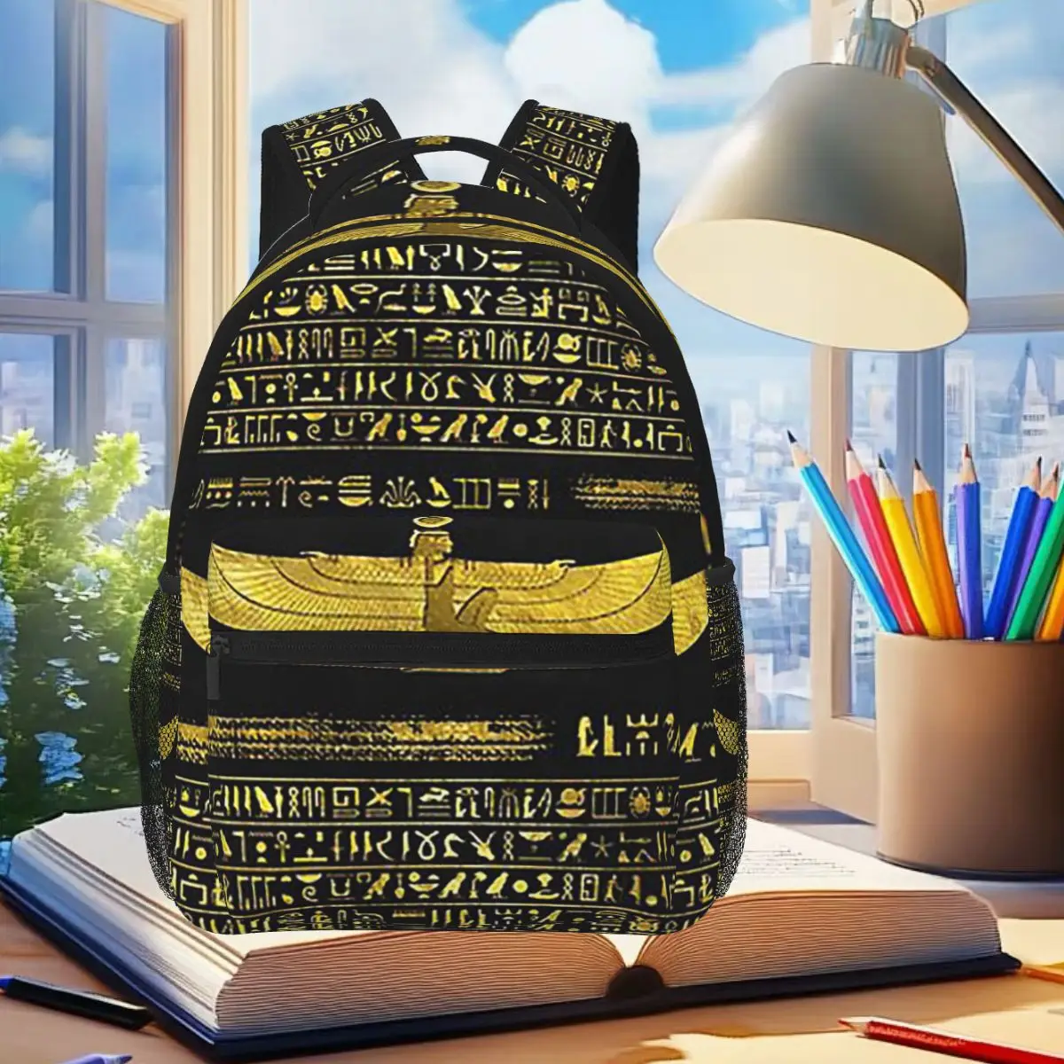 

Золотой египетский Бог, украшение на черном кожаном рюкзаке, студенческая сумка для книг, детская школьная сумка, сумки на плечо для ноутбука для мужчин и женщин