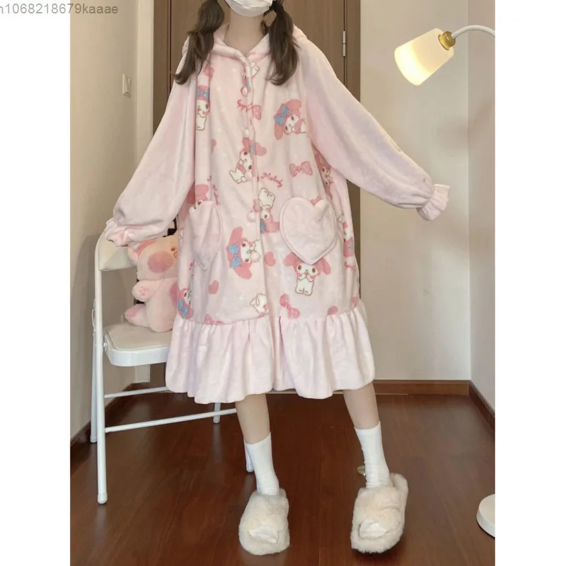 My Melody Women's Coral Velvet Sleepwear For Winter Sweet Cute Cartoon Thick Warm Hooded Sleeprobe Korean Style Home Night-robe