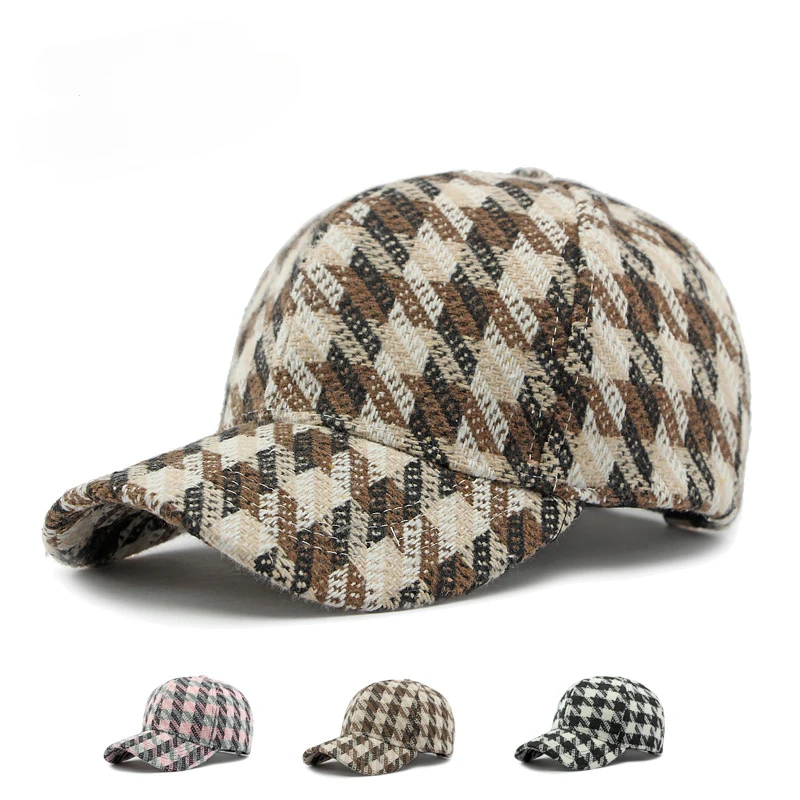 

Korean Hats for Men and Women Autumn and Winter New Check Hard Top Baseball Cap Woolen Vintage Cap Sunscreen Hat Tide