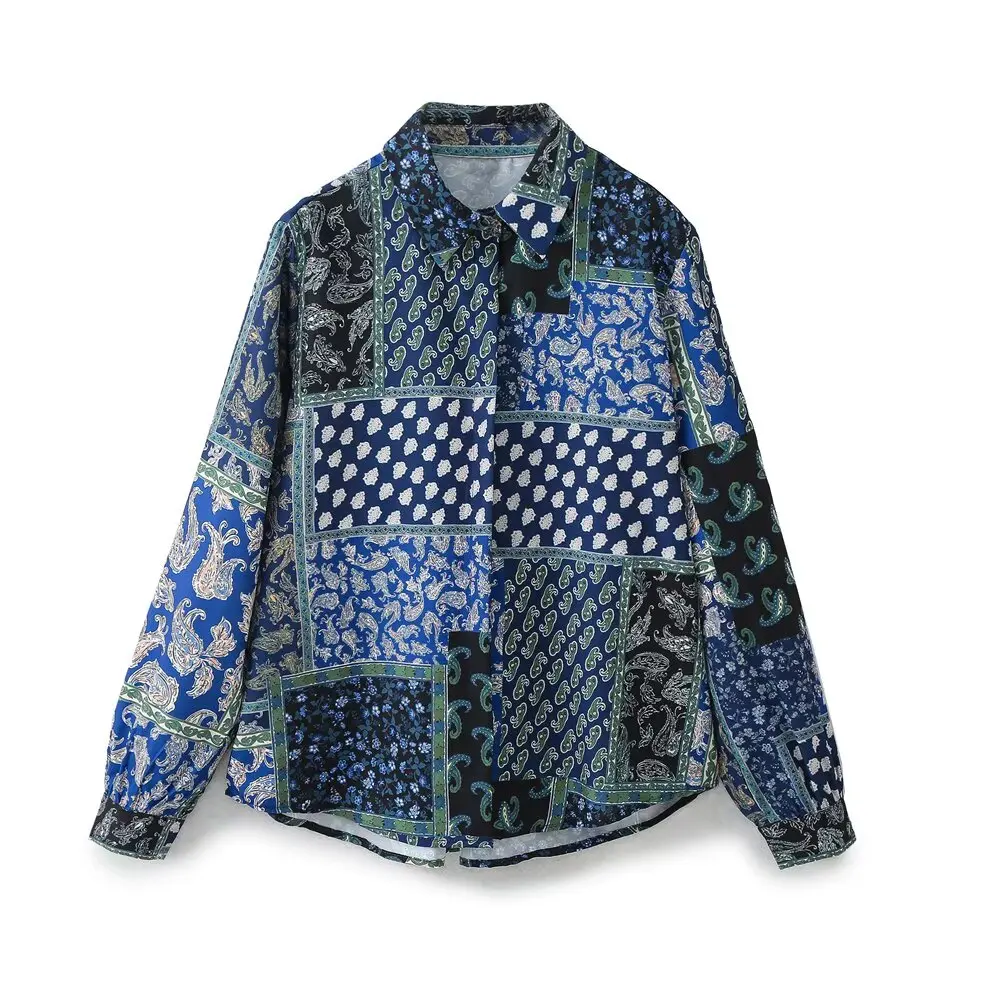 

PB&ZA2025 Summer new women's versatile casual long sleeved loose slimming patchwork printed silk satin texture shirt