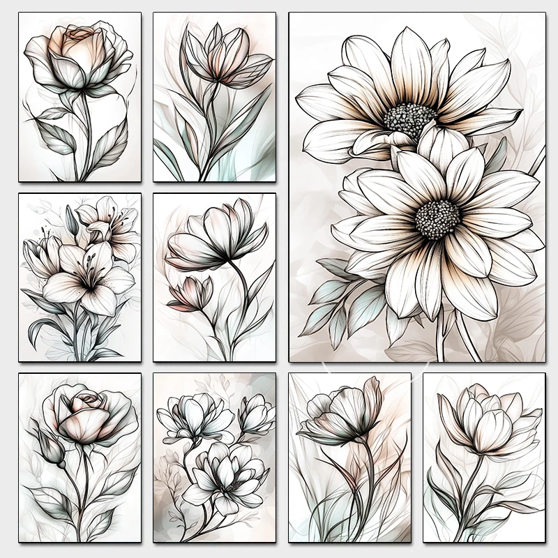 Boho Flowers Art Poster Sketch Watercolo Floral Magnolia Botanical Rose Prints Canvas  Wall Art Picture Home Room Decor