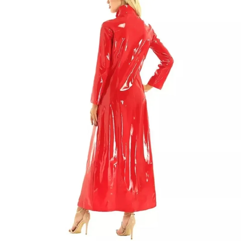 Gabardina larga de látex Wetlook para mujer, disfraz de Halloween de cuero PVC, chaqueta Sexy de manga larga con cremallera, cortavientos, ropa de calle