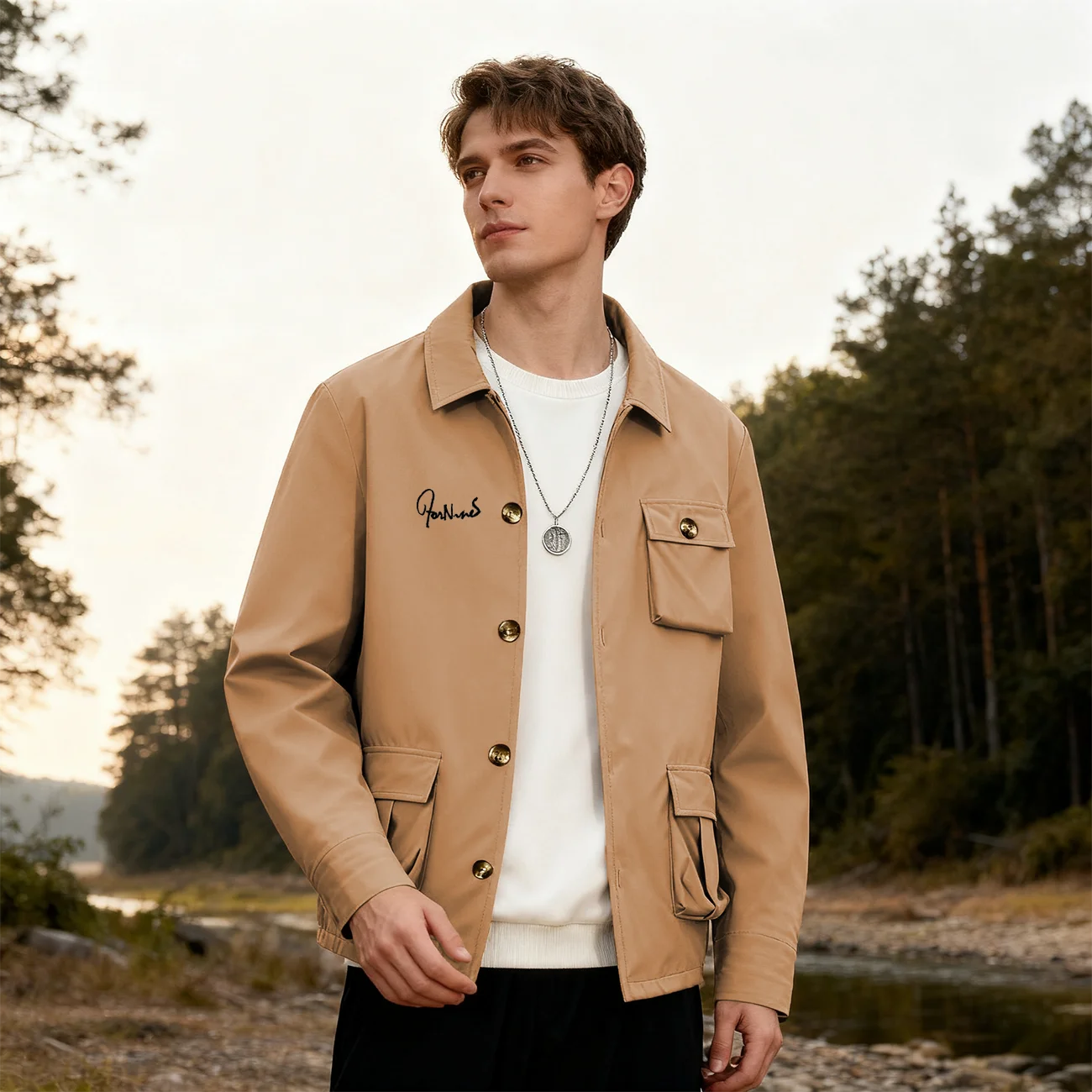 New men's jacket coat - solid color with multiple pockets, rugged and simple style, long-sleeved casual shirt