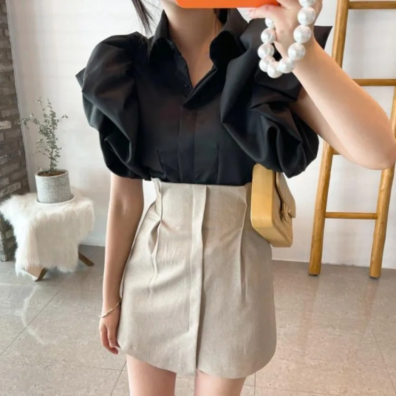 2024 Y2K Women Chiffon Black Shirts Summer Fashion Elegant Puff Sleeve Tops Korean All Match Female Casual Blouse New Blusas