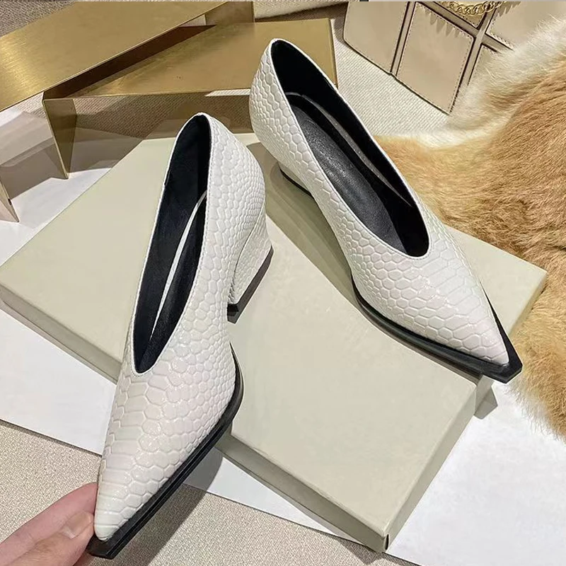 Vintage Crocodile Pattern Block Heel Pumps Woman Brand Design V Cut Dress Shoes Ladies Fashion Point Toe Suit Zapatos Plus Size