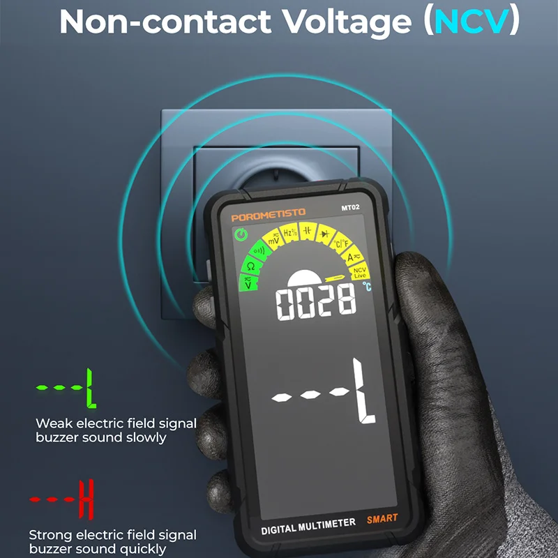 POROMETISTO MT02 Digital Multimeter Rechargable 600V 10A AC DC Voltage Current Resistance Capacitor Ohm Diode NCV Hz Tester