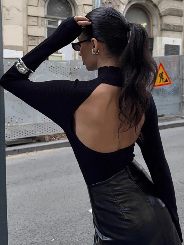 

Tossy Sexy Backless T-shirt Pullover For Women Solid High Neck Fashion Slim Long Sleeves Autumn 2025 Female Pullover Y2K Tee Top