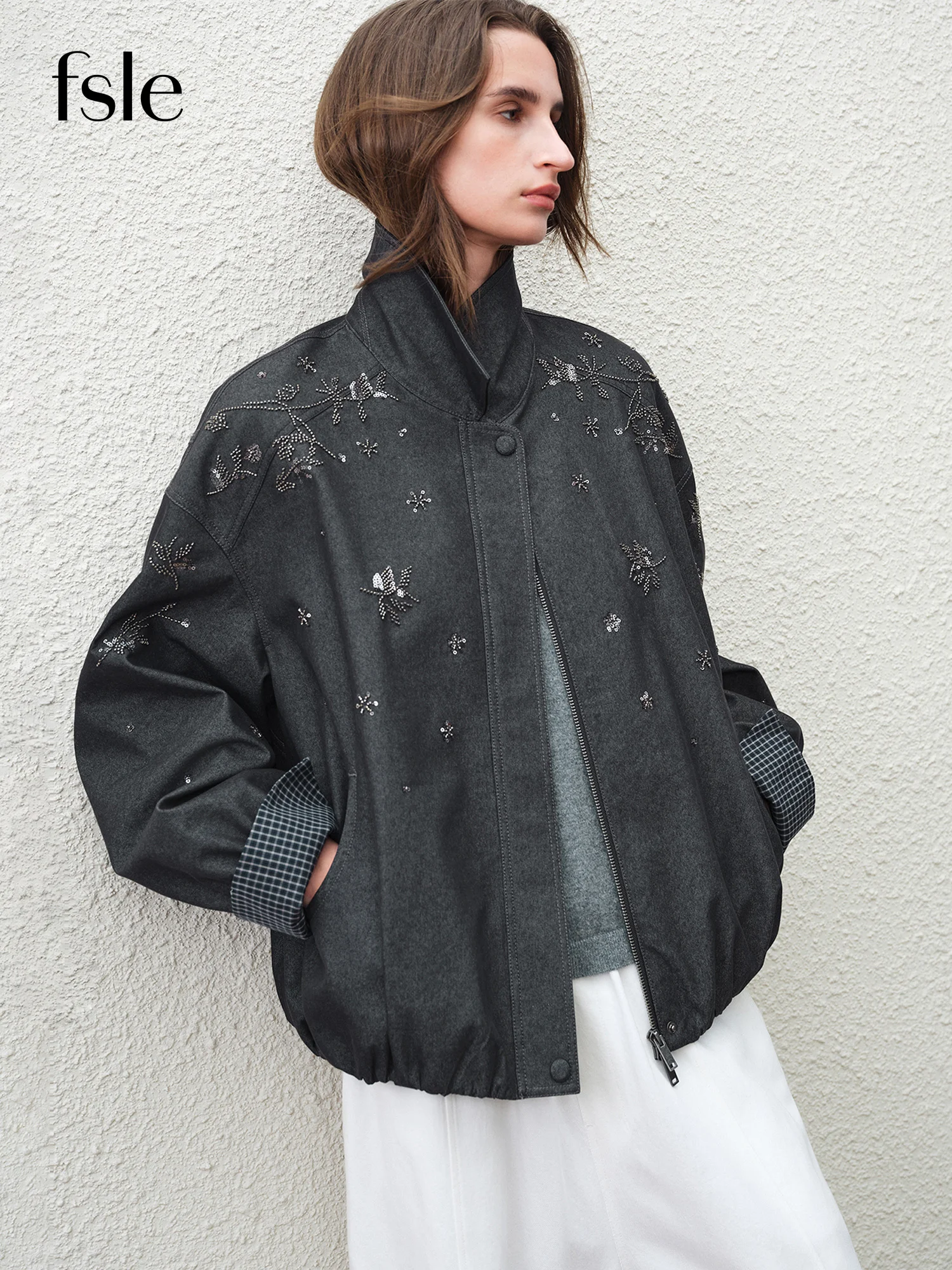 Women's Beaded Leather Collar Jacket Spring Loose Coat