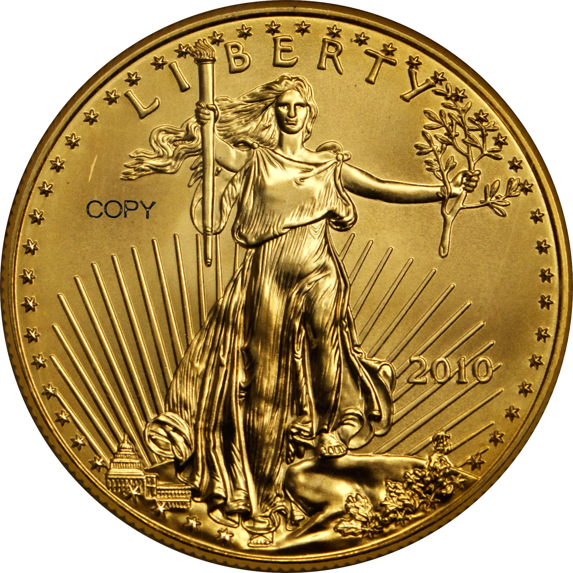 United States 2010 5 Five Dollars 1/10 ounce American Gold Eagle Bullion Coinage USA Liberty  Brass Metal Copy Coin