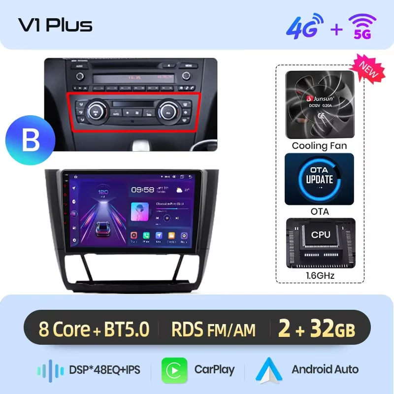 Junsun draadloze CarPlay Android Auto autoradio voor BMW 1 Serie (E81/E82/E87/E88) 2004-2013 met ingebouwde koelventilator, Android GPS navigatie, multimediaspeler, WiFi, DSP, RDS, BT, SWC, IPS