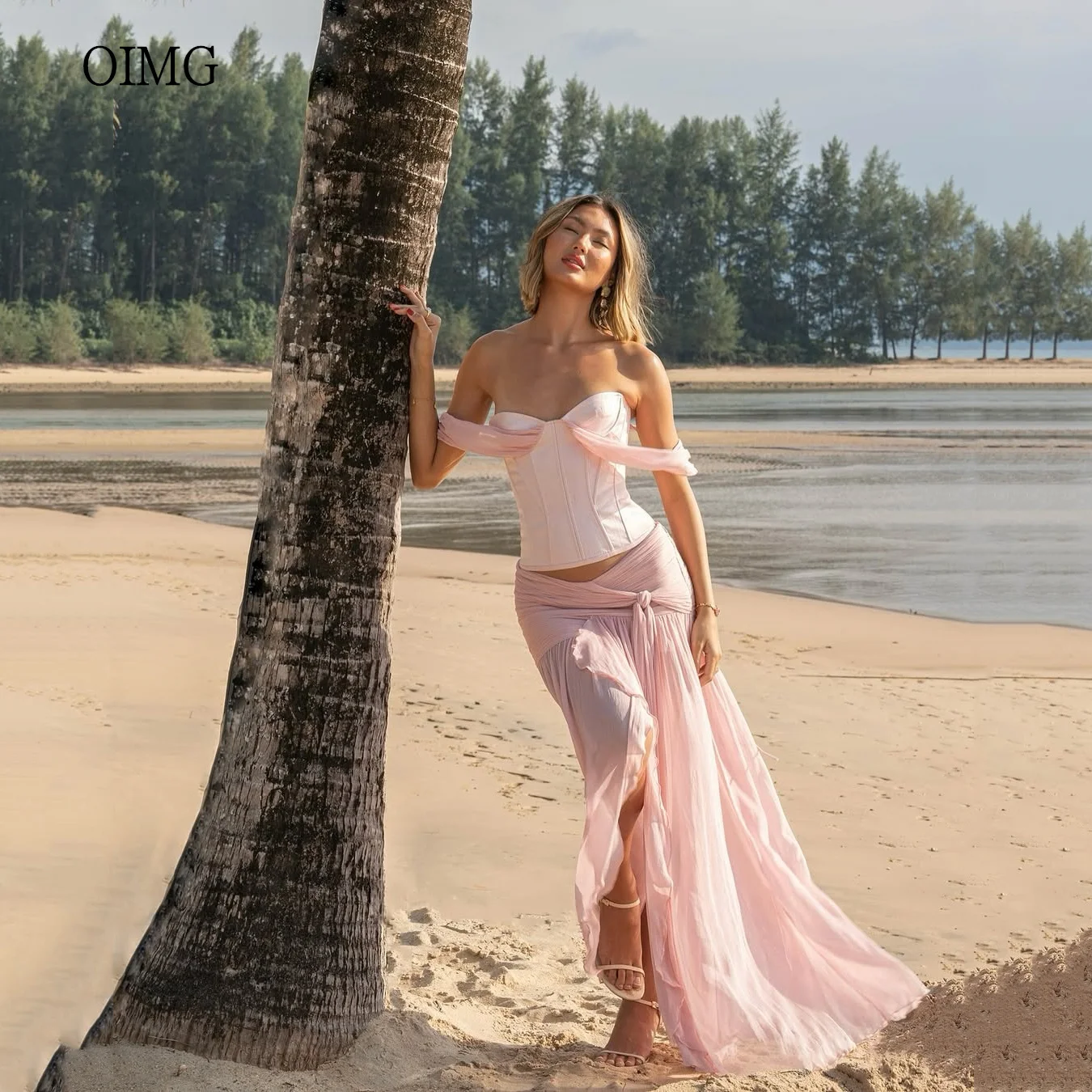 

OIMG Fairy Pink Sweetheart Neck Mermaid Prom Gowns Off The Shoulder Party Gown Ibizastyle Side Slit Evening Dress Customized