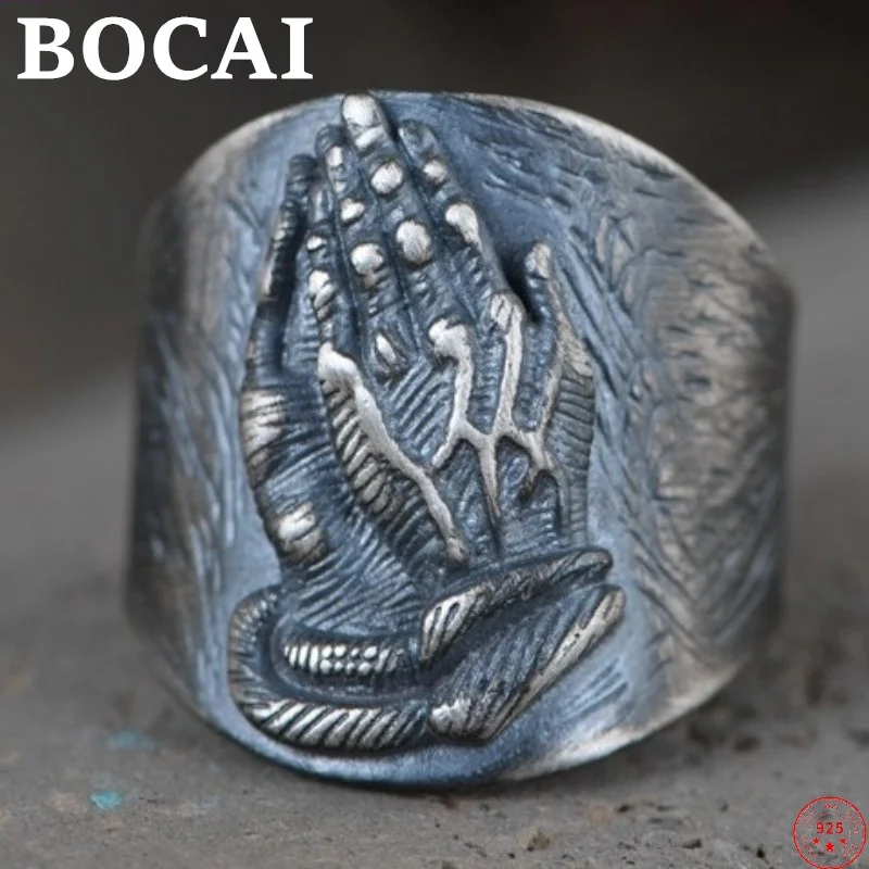 BOCAI S925 Sterling Silver Charms Rings for Men New Fashion Retro Emboss Hands In One Argentum Jewelry Wholesale