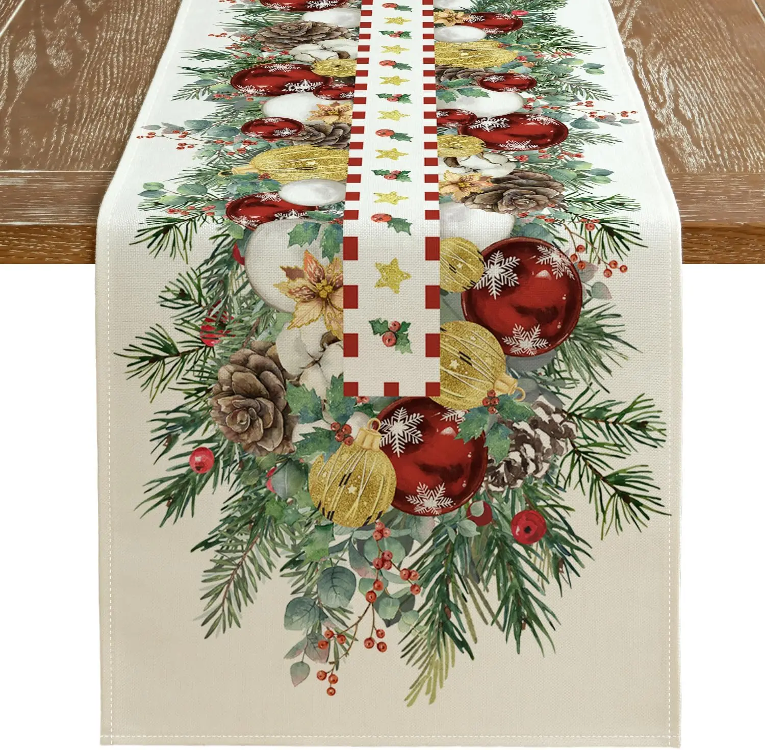 Christmas Pine Needle Xmas Ball Linen Table Runner Party Decor Winter Xmas Kitchen Dining Table Runner Christmas Decorations