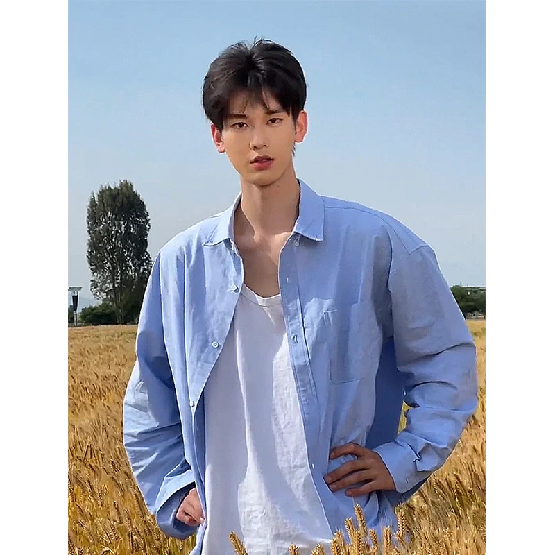 

Мужская летняя тонкая солнцезащитная рубашка Tian Blue Ice Silk с длинным рукавом, модная брендовая верхняя одежда свободного кроя из полиэстера