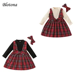 Blotona Baby Girl Christmas Dress, Plaid Print Long Sleeve Crew Neck Fake Two Piece Patchwork A-Line Dress +Hairband, 6M-3Y