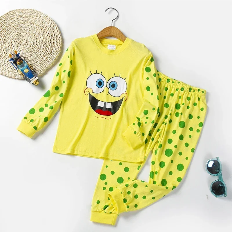 2PCS SpongeBob SquarePants Children\'s Long-sleeved Pajamas Set Boys and Girls Long-sleeved Round Neck Tops Trousers Cotton Suit