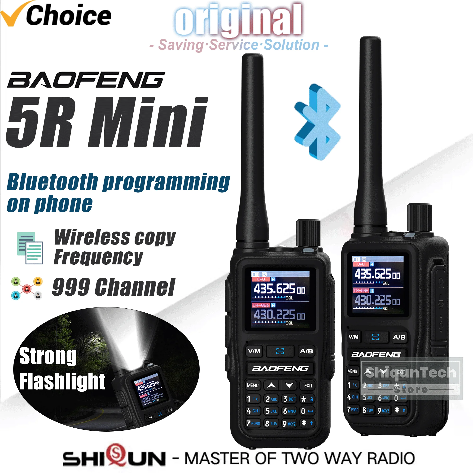 Baofeng 5R Mini Two Way Radio Bluetooth Programming Fast Copy Frequency Lightweight Dual Band Walkie Talkie 999CH LED Flashlight