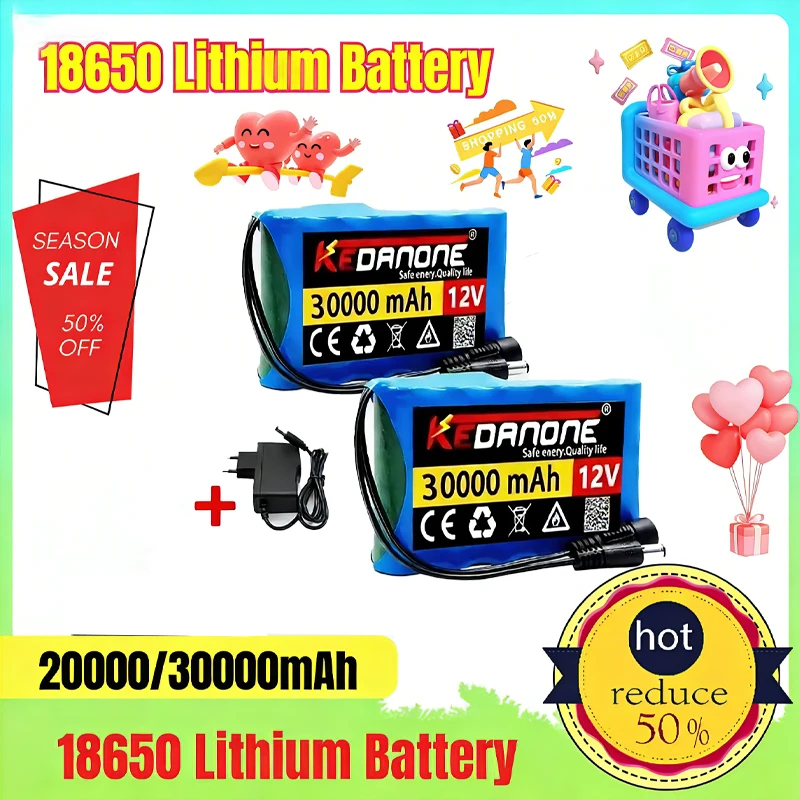 

12V 30000mah 18650 portable super rechargeable lithium-ion battery pack AC/DC 12.6v 30Ah CCTV camera monitor+1A charger