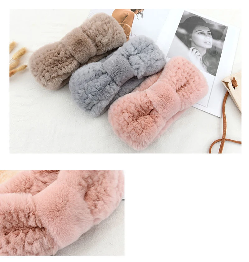 Luxuriöses Winter-Stirnband für Damen aus 100% Rex-Kaninchenfell, Elastisches Haarband aus Echtfell, Hochwertige Mode-Accessoires – Detail 5