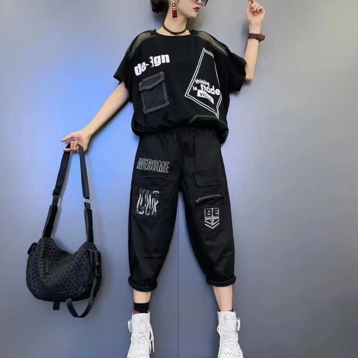 White 2024 Summer New Women Letter Printed Pant Set O-Neck Short Sleeve Harem Pant Patchwork Mesh Fashion Set