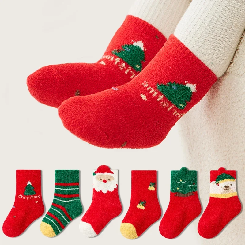 3 Pairs Winter Plush Baby Christmas Socks Cartoon Santa Xmas Tree Pattern Warm Coral Velvet Socks for Infant Festival Gift