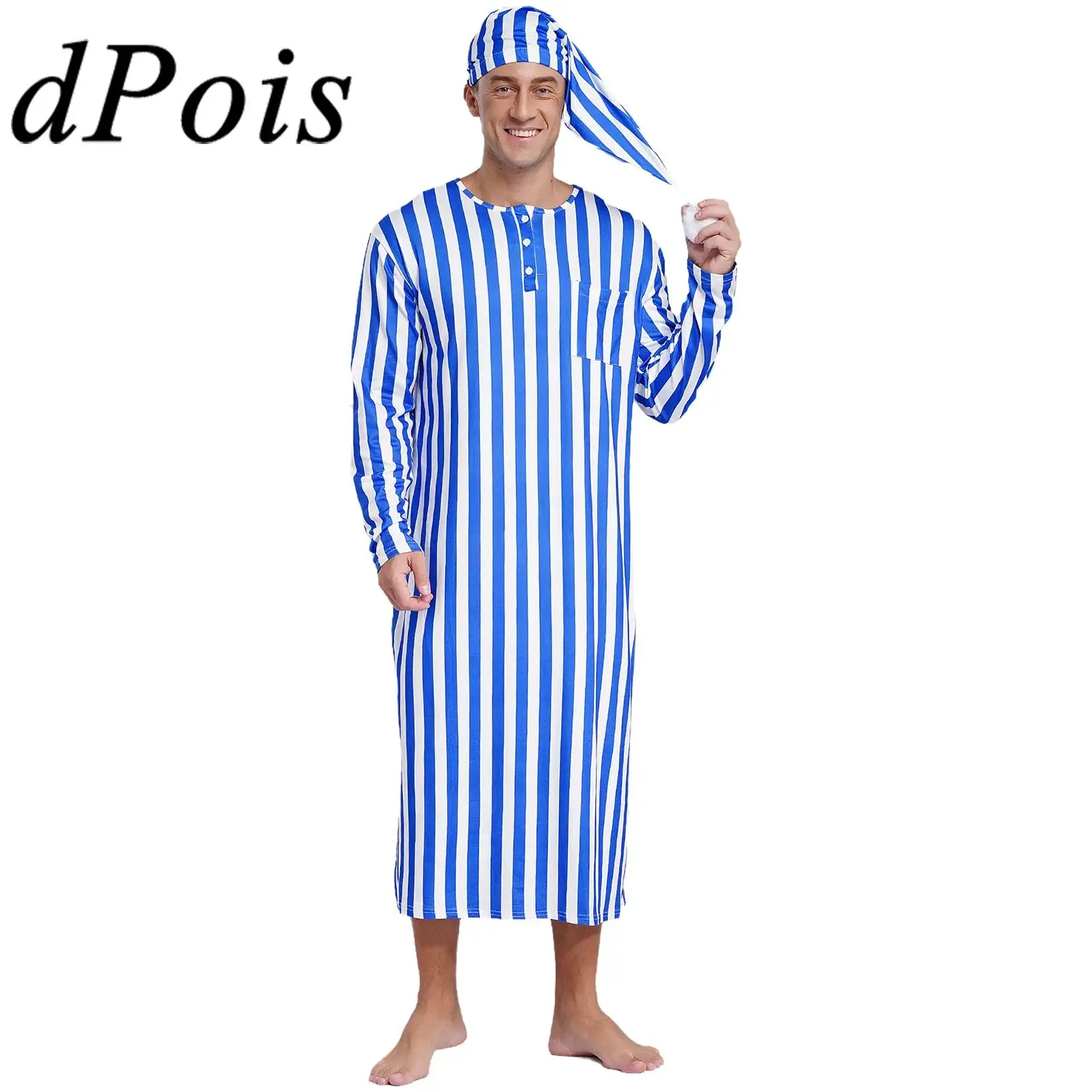 

Mens Halloween Costumes Cosplay Arabian Striped Sleep Robe with Hat Fancy Dress Long Sleeve Nightshirt Muslim Pajamas Long Robe