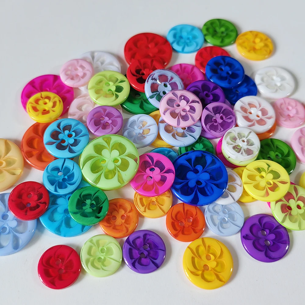 60pcs 20mm 17mm 14mm Mixed Colors 2 holes Flower Pattern Resin Buttons Kids Sweater Cardigan Sewing Accessories Loose Button