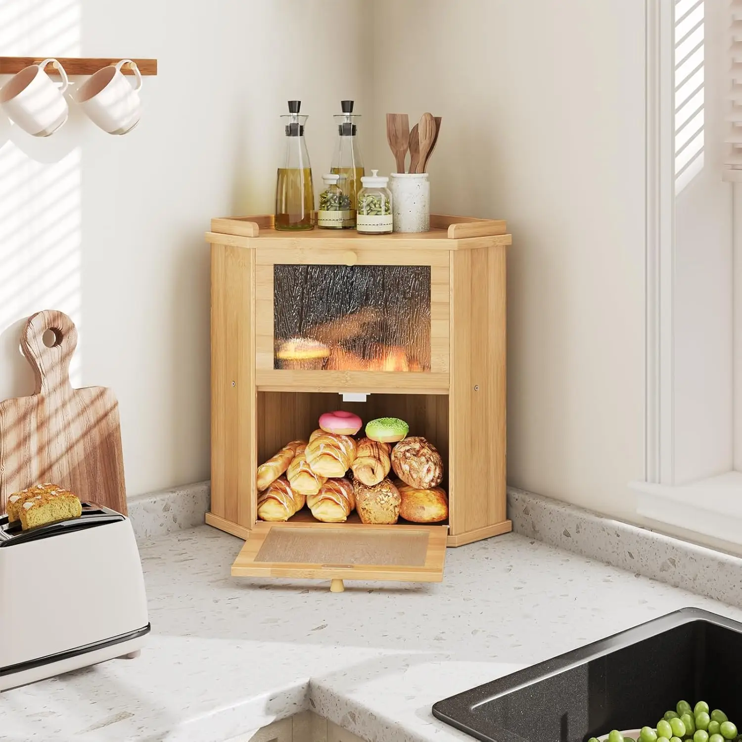 Corner Type 2-Layer Bamboo Bread Box with Shelf Kitchen and Dining Room Food Storage Container YL19MB01