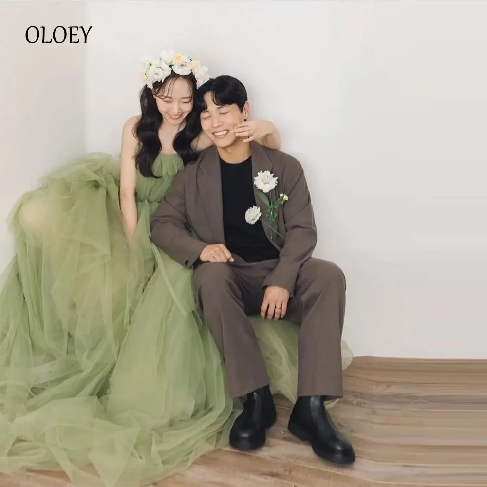 

OLOEY Fairy Sage Green Tulle Evening Dresses Korea Women Photo shoot Off Shoulder Sage Green Prom Gowns Formal Party Customized