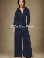 ZBZA Women Bow Shirt Loose Pant Set Lapel Long Sleeve Single Breasted Top Elastic Waist Tie Wide Leg Pant Autumn Female New Set