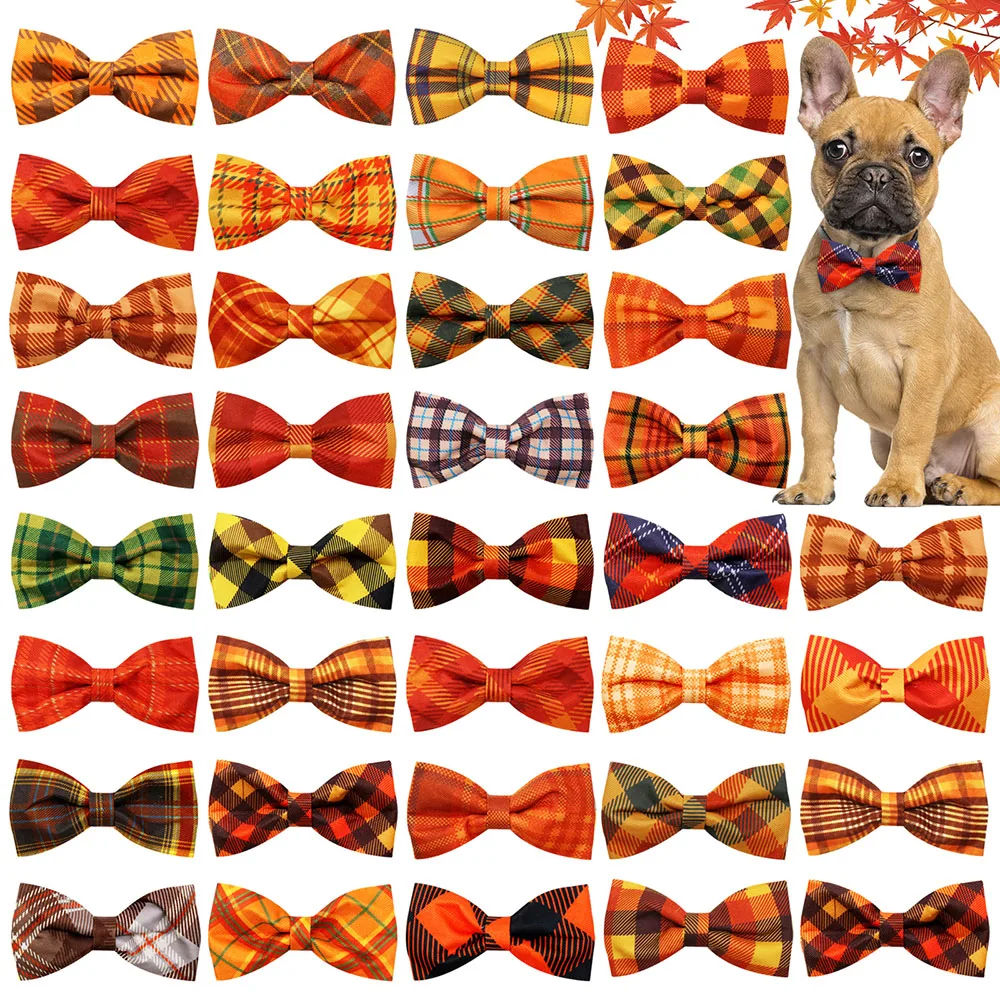 10/20PCS Thanksgiving Dog Bowties With Elastic Bands Classcial Plaid Dog Bow Ties Collars Pet Neckties For Dogs Pet Supplies