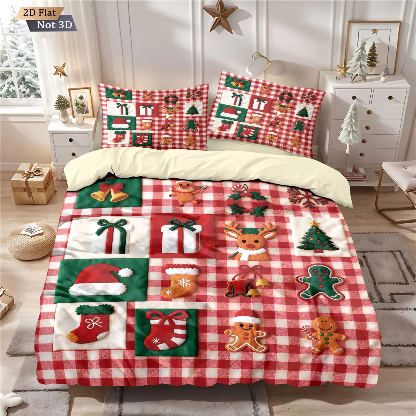 

3pcs Christmas red checkered printed coreless bedding set multiple sizes bedrooms dormitories comfortable, machine washable