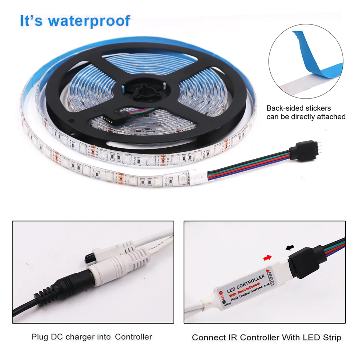 Tira de Luces LED RGB de 12 V CC con Controlador de 44 Teclas, Alimentación EU, SMD 5050, 60 LED/m, 3000 K, 6000 K, Cinta Adhesiva Flexible de Alta Densidad, Iluminación Lineal, Decoración del Hogar