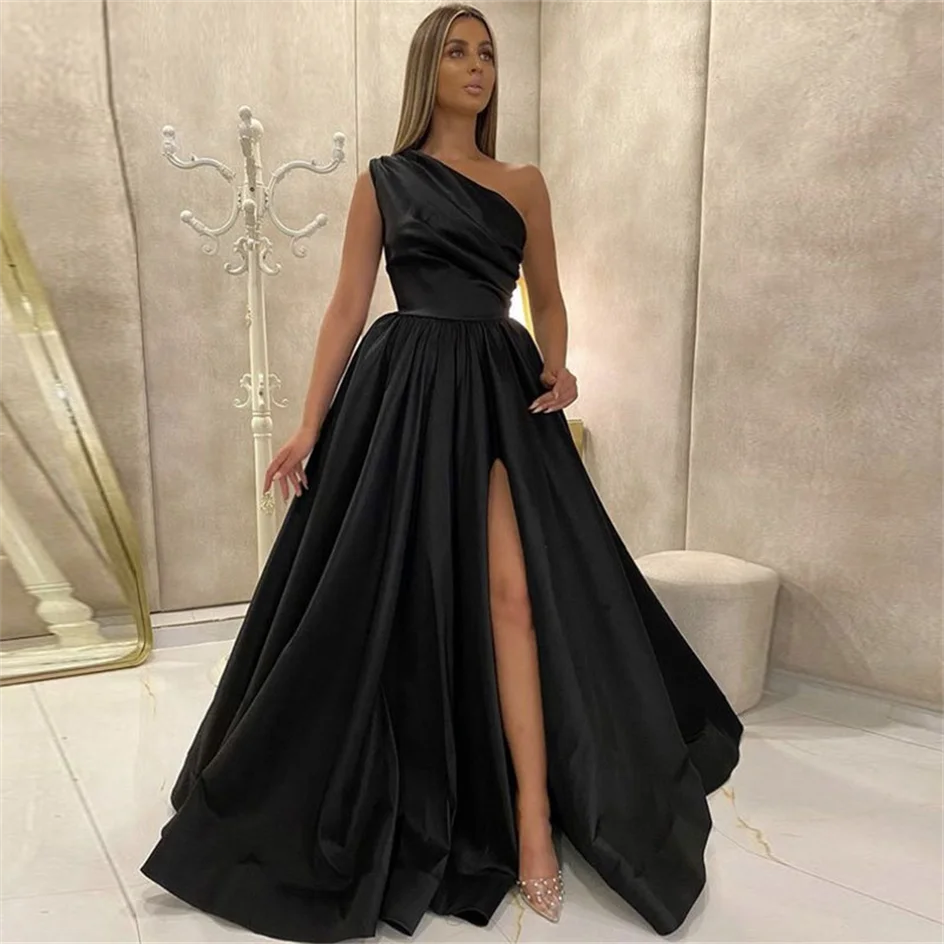 Shiyicey Floor-length Delicacy Long Women\'s One Shoulder Birthday Prom Dreses Satin Side Slit Formal Evening Party Wedding Gowns