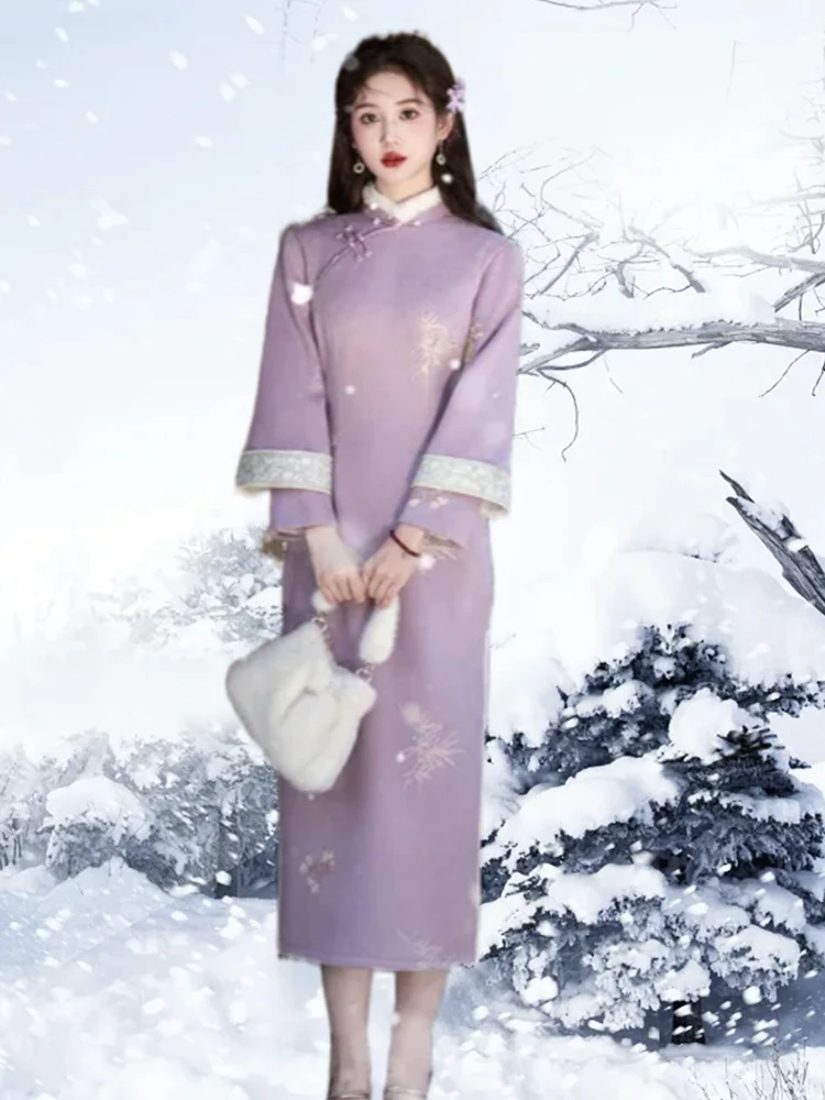 

Ele Long New Chinese Sle Embroidered Suede Thiened Qipao Suzhou High Slit Daily Wear Warmth Guaranteed for Winter