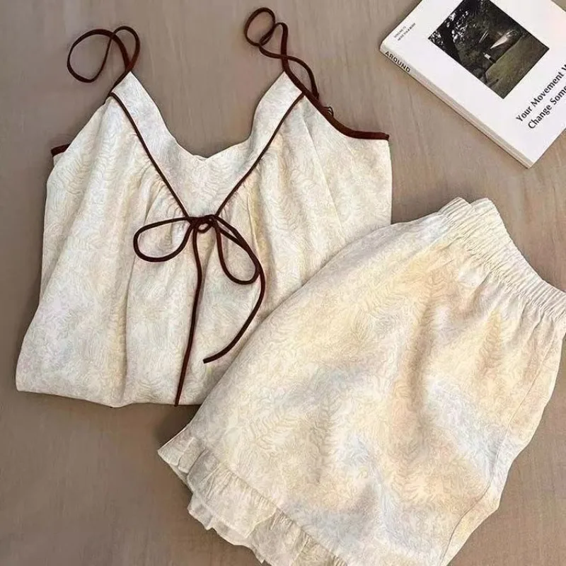 2026 New Women's Summer Sleepwear with Chest Mat New Chinese Style with Ties Home Clothing Set Пижама Женская
