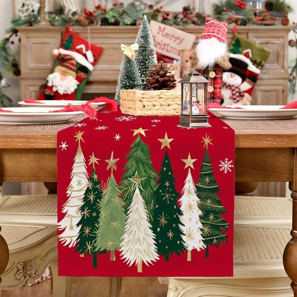 Christmas Table Runner 13x72 Inch, Xmas Trees Snowflakes Holiday Decorative Farmhouse Table Decoration for Kitchen Dinning, Indoor Outdoor Dinner Party Decor