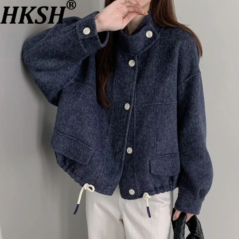 

HKSH Autumn Winter New Women Short Overcoat Stand Collar Single Breasted Elegant Tide Thicken Double-sided Woolen Jacket HK15700