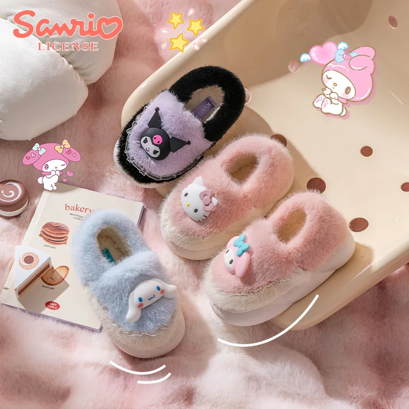 Sanrio Kawaii Slippers Hello Kitty Melody Kuromi Cinnamoroll Winter Warm Cotton Soft Home Shoes Kids Parent-child Holiday Gifts