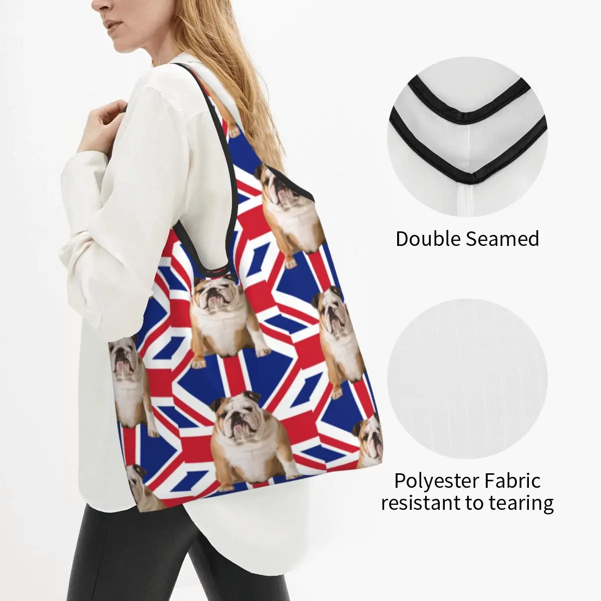 Union Jack English Bulldog Groceries Tote Shopping Bags Cute British Flag Patriotic Dog Shopper Shoulder Bags Handbags