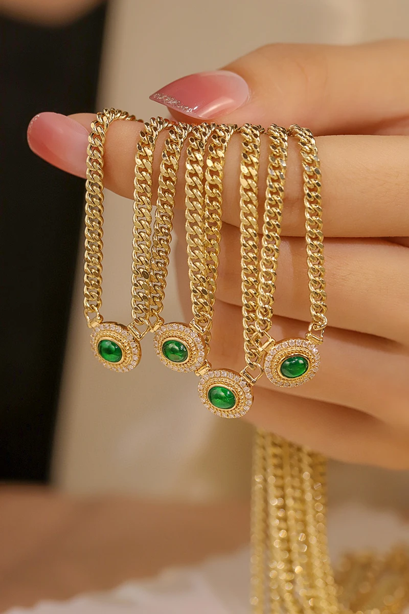 LUOWEND 18K Yellow Gold Bracelet Women Cuban Chain Natural Diamond Natural Swat Emerald Bracelet&Necklace High Party Jewelry Set