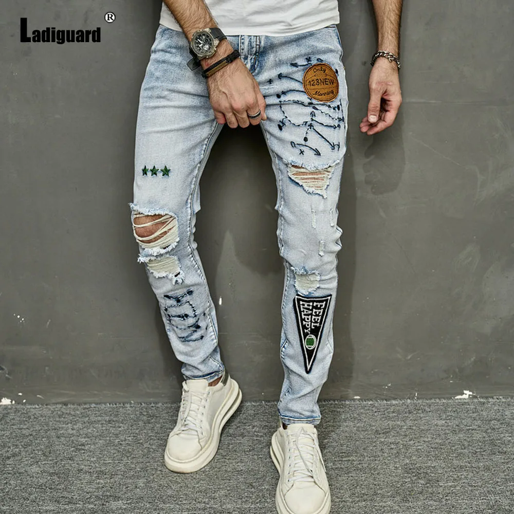 

Ladiguard Men's Jean Demin Pants Men Fashion Skinny Pencil Pantalon Sexy Embroidery Demin Trousers Pants Mens Streetwear 2024