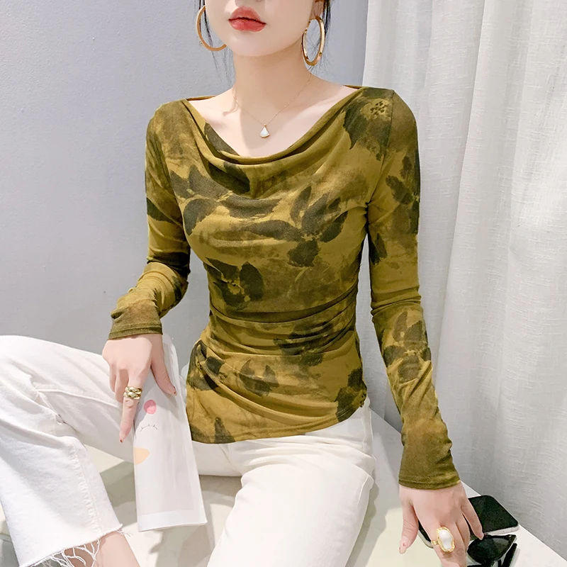 MadBlack, European Clothes T-Shirt, Sexy Women Pile Collar Print Top, Long Sleeve Mesh Slim Irregular Tee, Fall Winter T49528CC