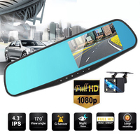 4.3Inch 1080P Full HD Dual Lens Car DVR Dash Cam Front and Rear Mirror Camera Video Recorder 170 Degree Wide Angle Dashcam