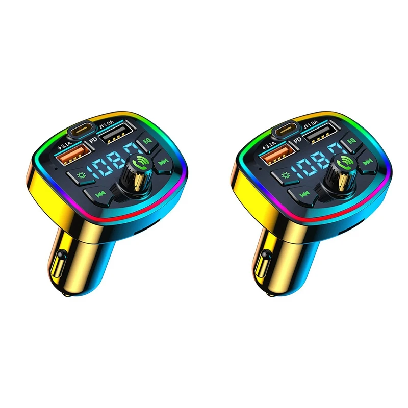 

2X Car Bluetooth FM Transmitter Car Bluetooth MP3 Player Dual USB Car Charger With EQ Atmosphere Light