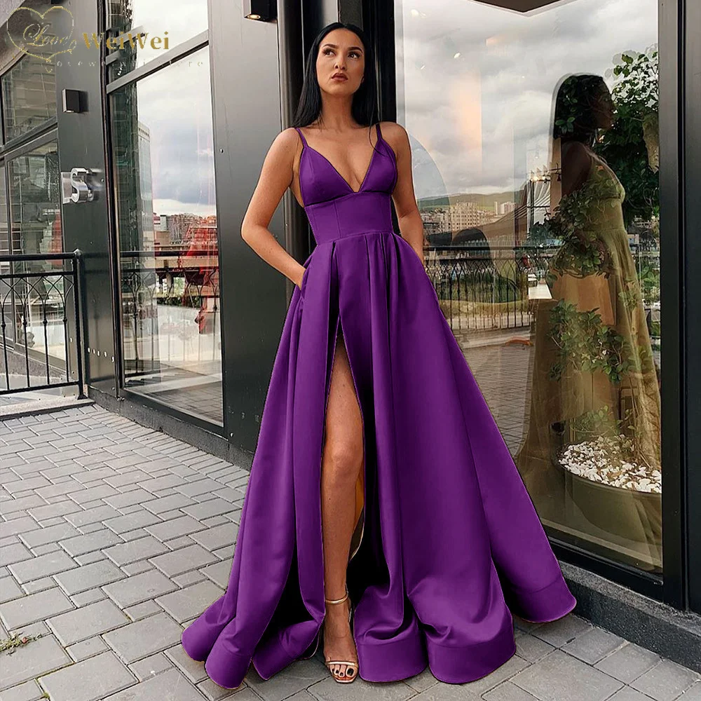 New Sexy V Neck Satin Evening Dresses Spaghetti Strap Side Slit Prom Dress High Waist Evening Gowns Party Dress Robe De Soiree