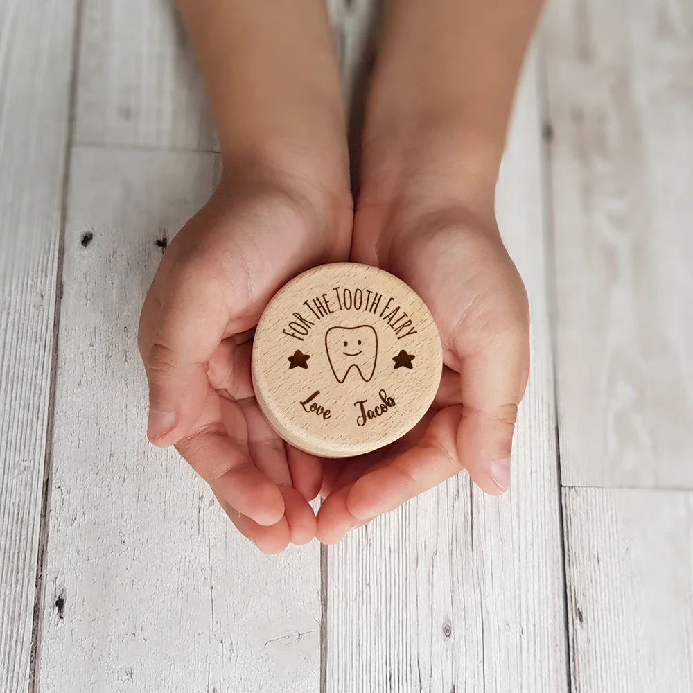 Caja de hadas de dientes personalizada, Soporte redondo de madera, regalo de cumpleaños para niñas y niños, caja de dientes de leche con nombre