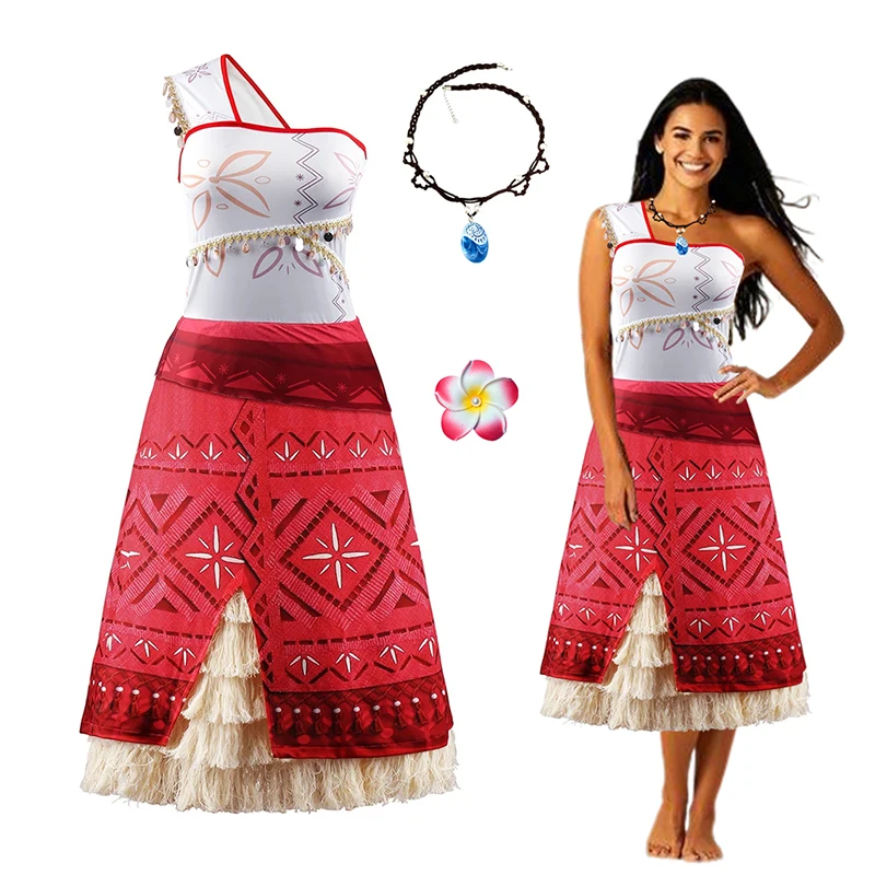 Women Seas Adventure Outfit Dress Easter Moana Vaiana Cosplay Costumes With Necklace Adult Summer Beach Dress Up For S M L XL