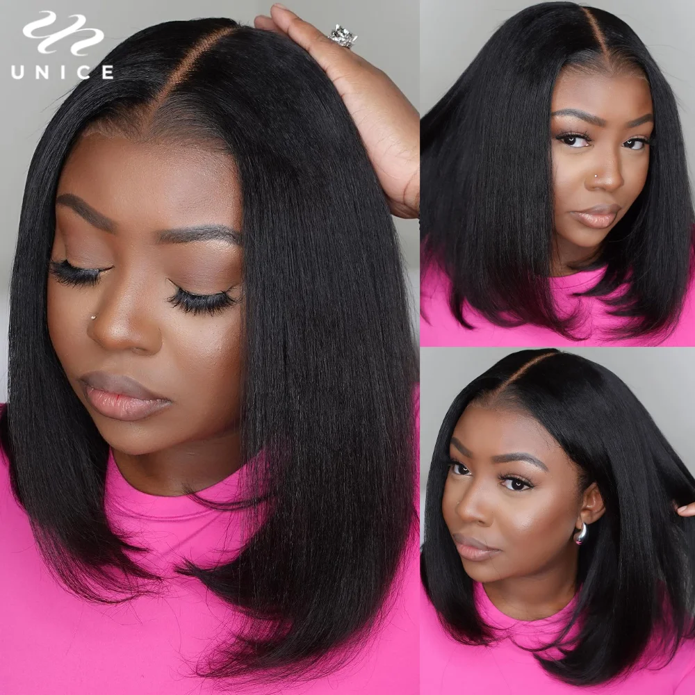 UNice Hair Yaki Straight Bob Wig 7x5 Pre Cut Pre Bleached Lace Wig Short Bob Human Hair Glueless Wigs Ready To Wear 150% Density