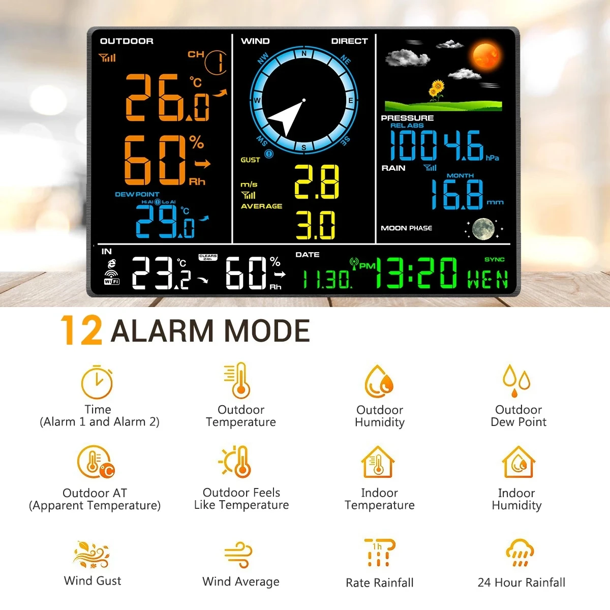 Internet Wireless Weather Station previsioni del tempo temperatura pressione umidità vento Rain Gauge Moon frase Alarm Clock Tester